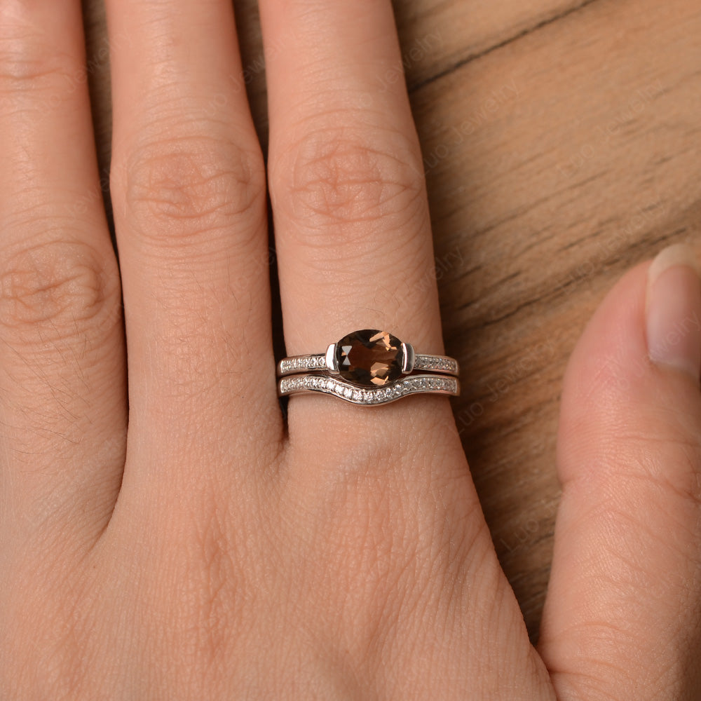 Oval Cut East West Smoky Quartz  Bridal Set Ring - LUO Jewelry