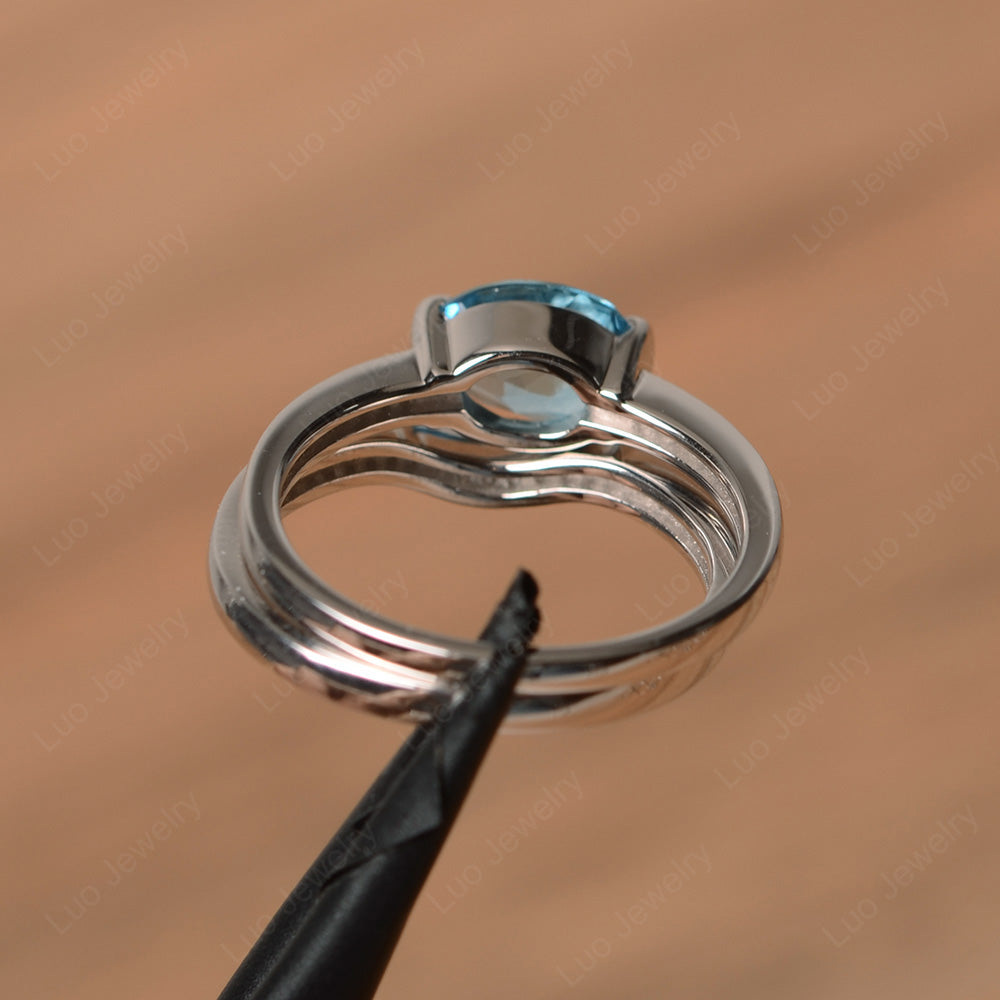 Oval Cut East West Swiss Blue Topaz Bridal Set Ring - LUO Jewelry