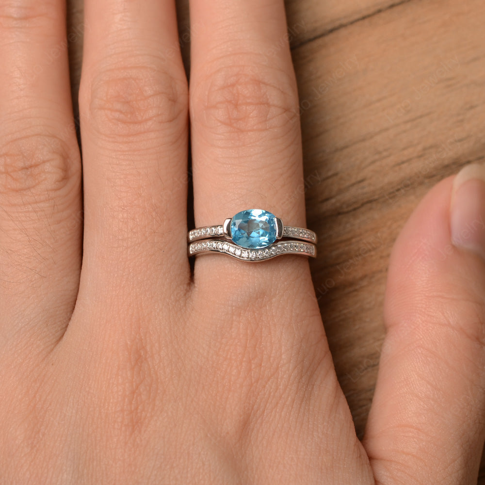 Oval Cut East West Swiss Blue Topaz Bridal Set Ring - LUO Jewelry