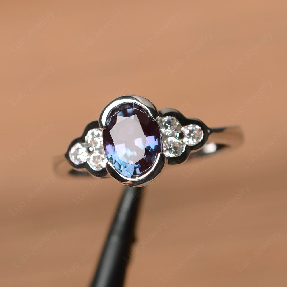 Oval Cut Bezel Set Alexandrite Engagement Ring - LUO Jewelry