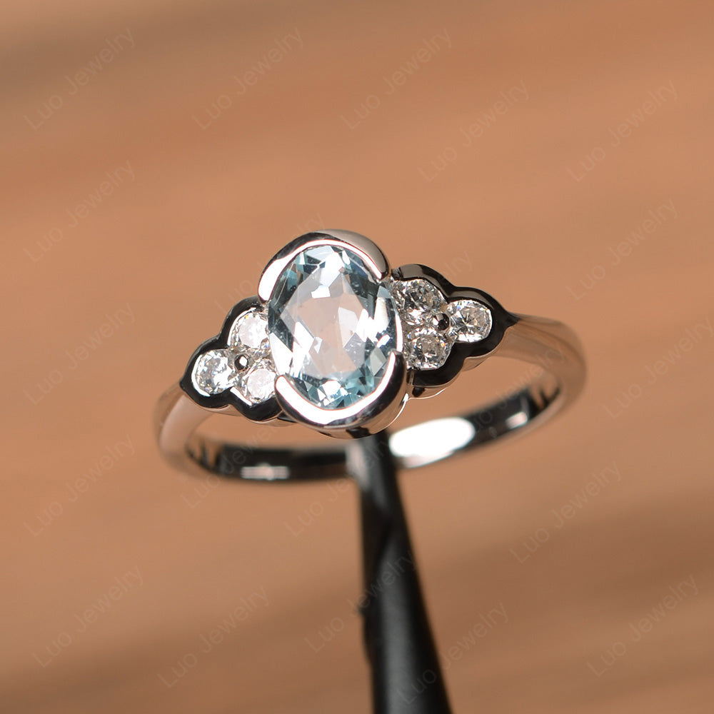 Oval Cut Bezel Set Aquamarine Engagement Ring - LUO Jewelry