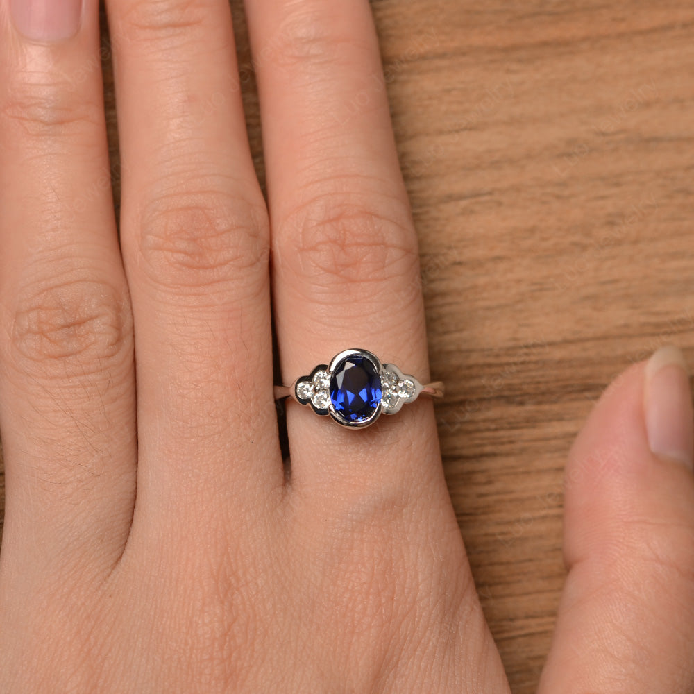 Oval Cut Bezel Set Lab Sapphire Engagement Ring - LUO Jewelry