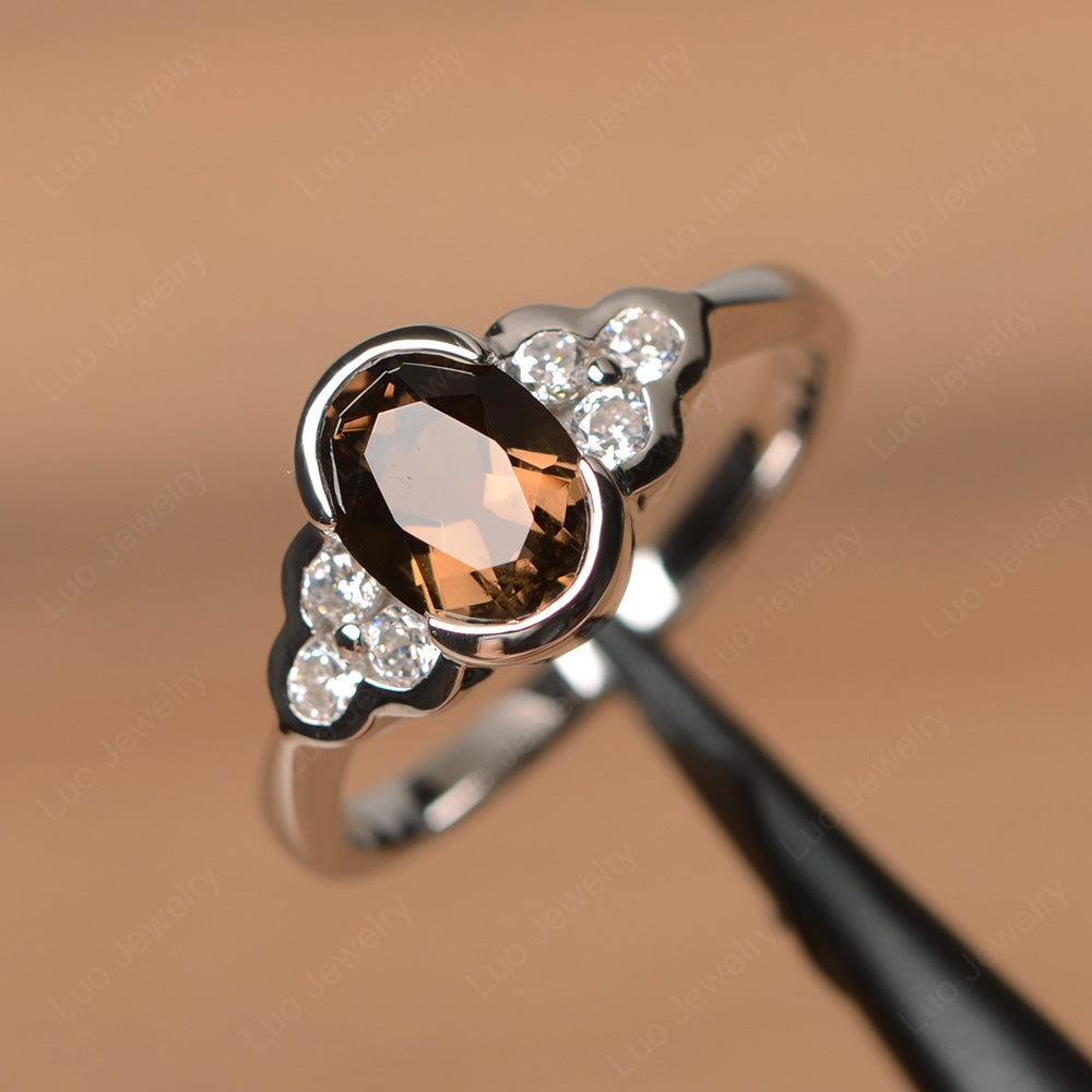 Oval Cut Bezel Set Smoky Quartz  Engagement Ring - LUO Jewelry
