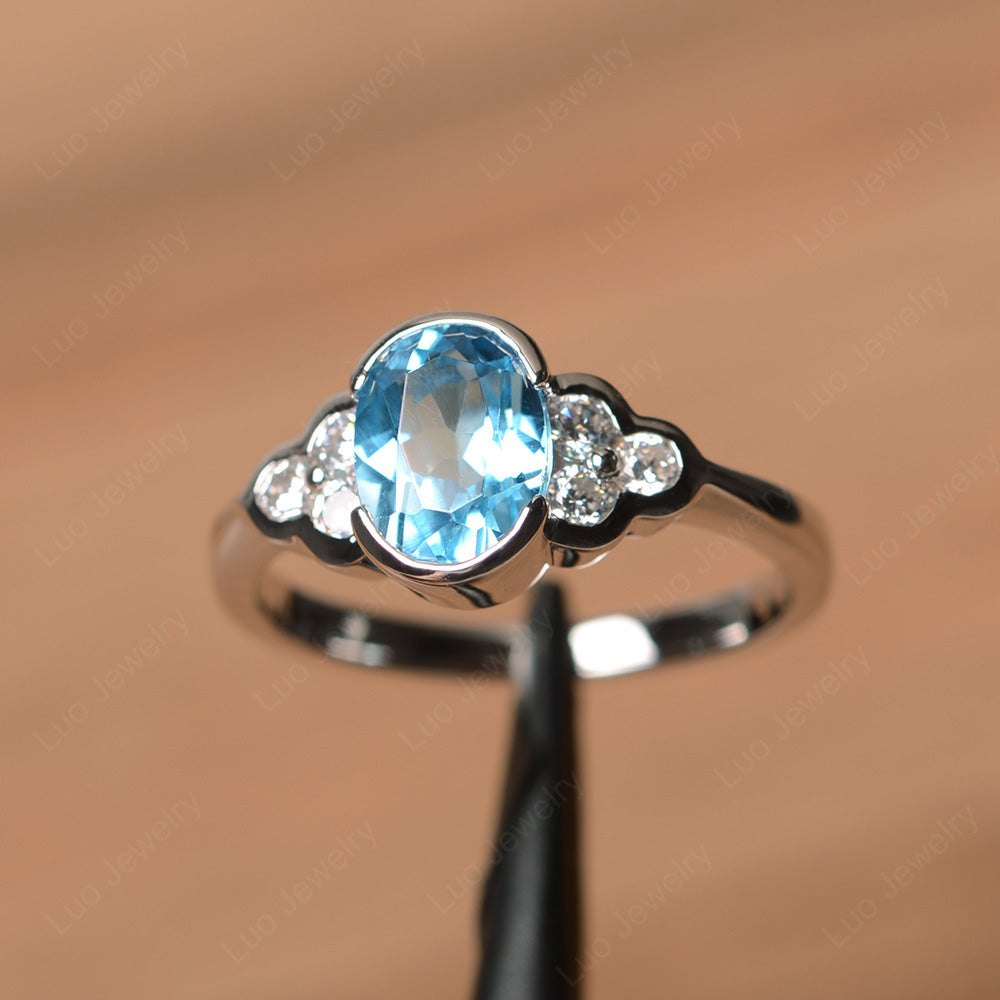 Oval Cut Bezel Set Swiss Blue Topaz Engagement Ring - LUO Jewelry