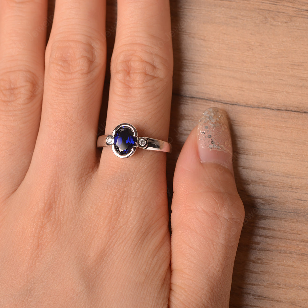 Vintage Lab Sapphire Ring Oval Bezel Set Ring - LUO Jewelry