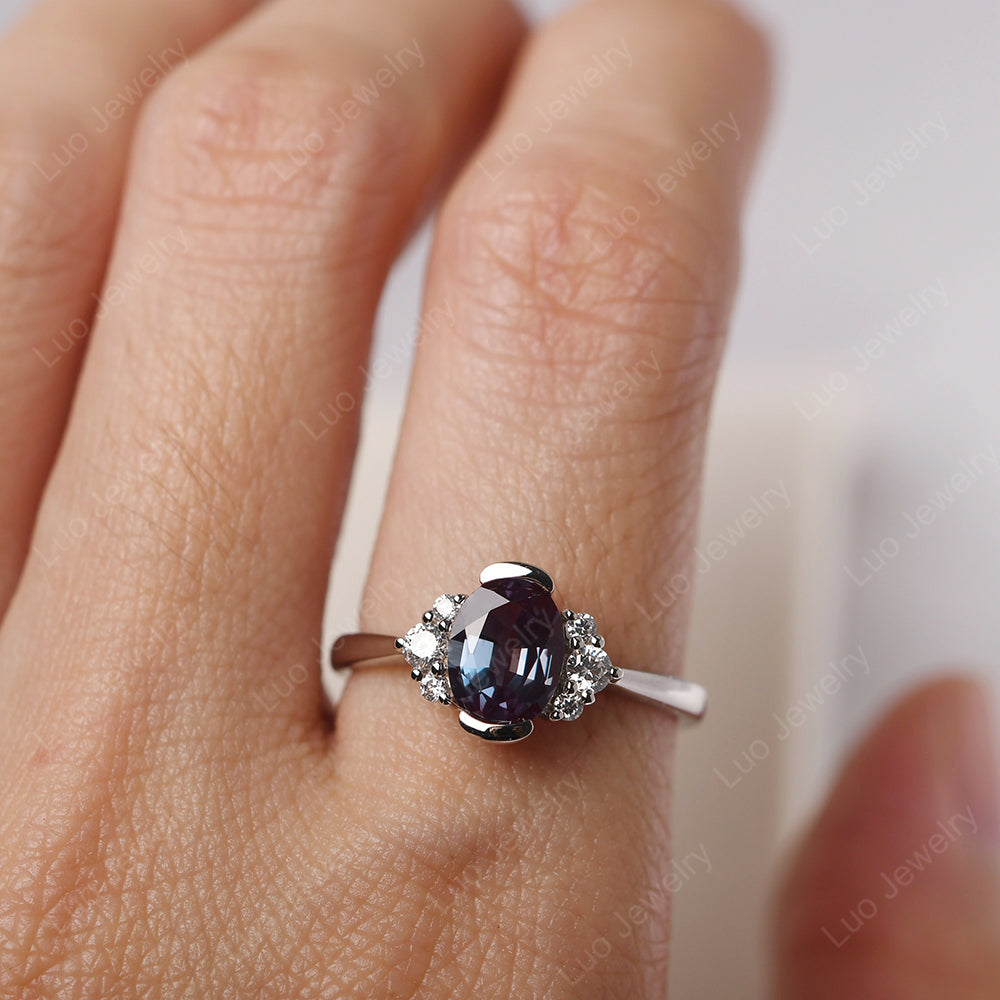 Oval Half Bezel Set Alexandrite Engagement Ring - LUO Jewelry