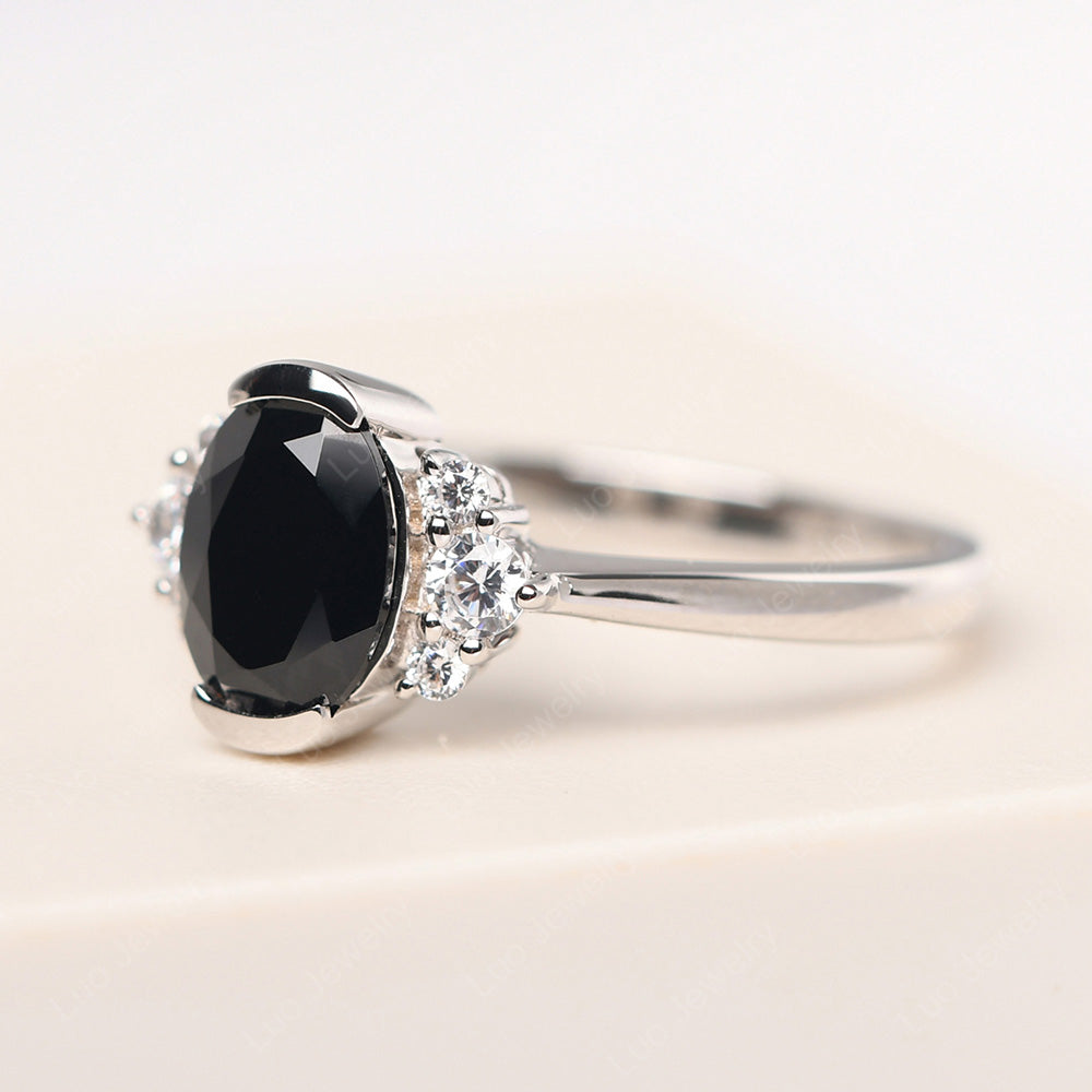 Oval Half Bezel Set Black Spinel Engagement Ring - LUO Jewelry
