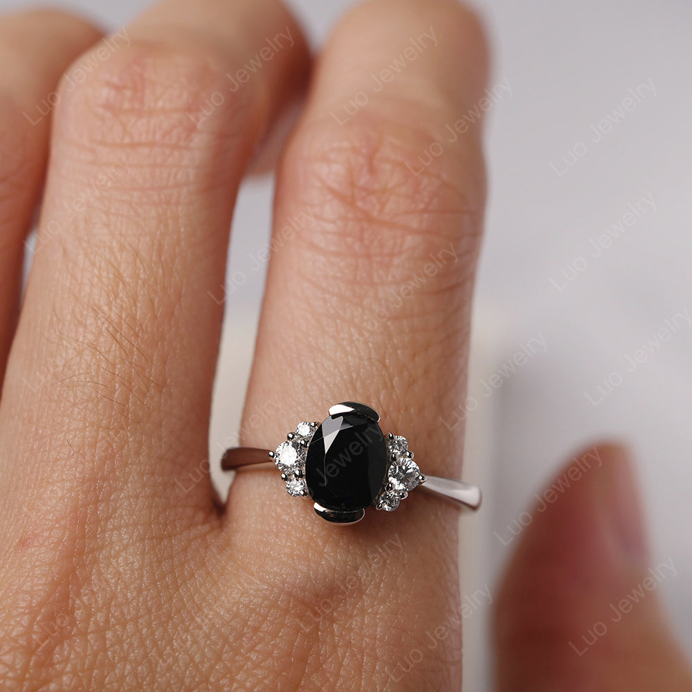 Oval Half Bezel Set Black Spinel Engagement Ring - LUO Jewelry