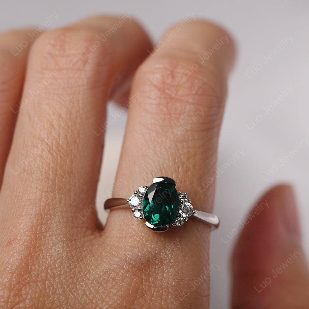 Oval Half Bezel Set Emerald Engagement Ring - LUO Jewelry