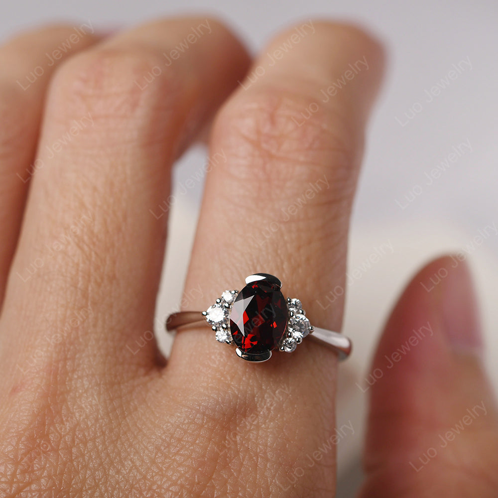 Oval Half Bezel Set Garnet Engagement Ring - LUO Jewelry