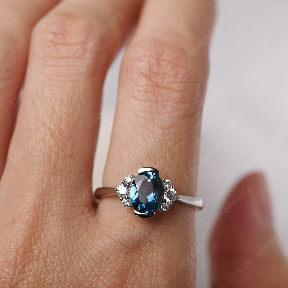 Oval Half Bezel Set London Blue Topaz Engagement Ring - LUO Jewelry