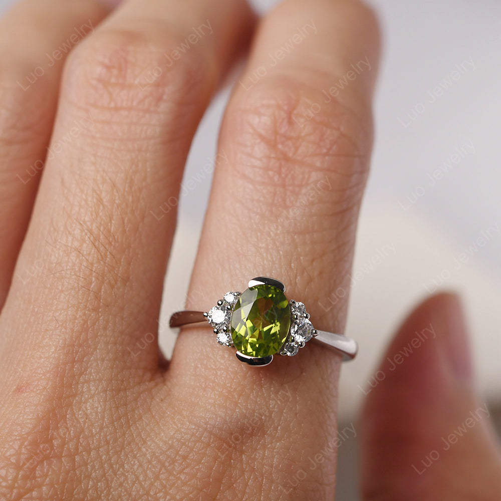 Oval Half Bezel Set Peridot Engagement Ring - LUO Jewelry