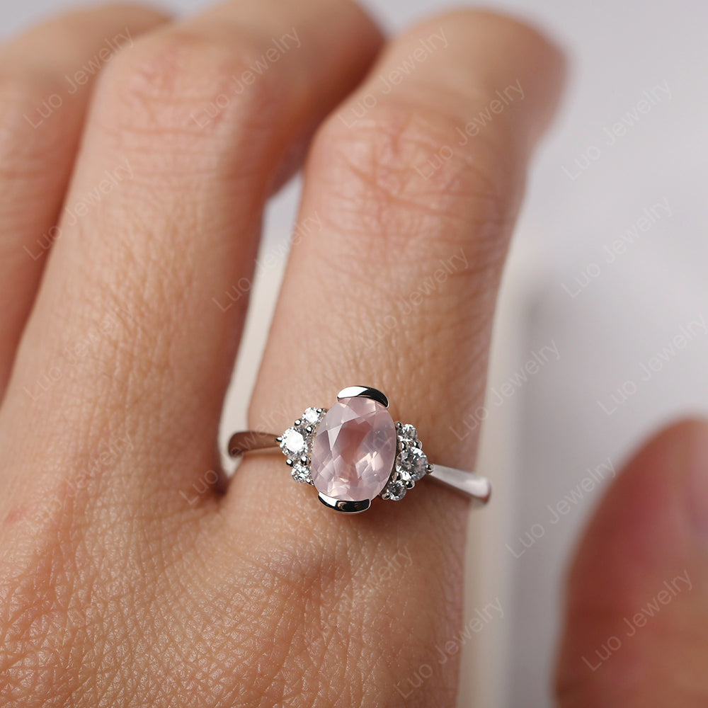Oval Half Bezel Set Rose Quartz Engagement Ring - LUO Jewelry