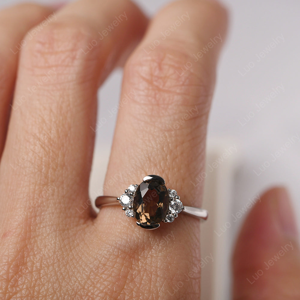 Oval Half Bezel Set Smoky Quartz Engagement Ring - LUO Jewelry