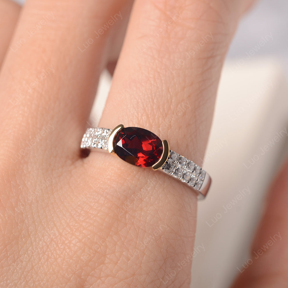 Oval Cut Garnet Ring Double Pave Ring - LUO Jewelry