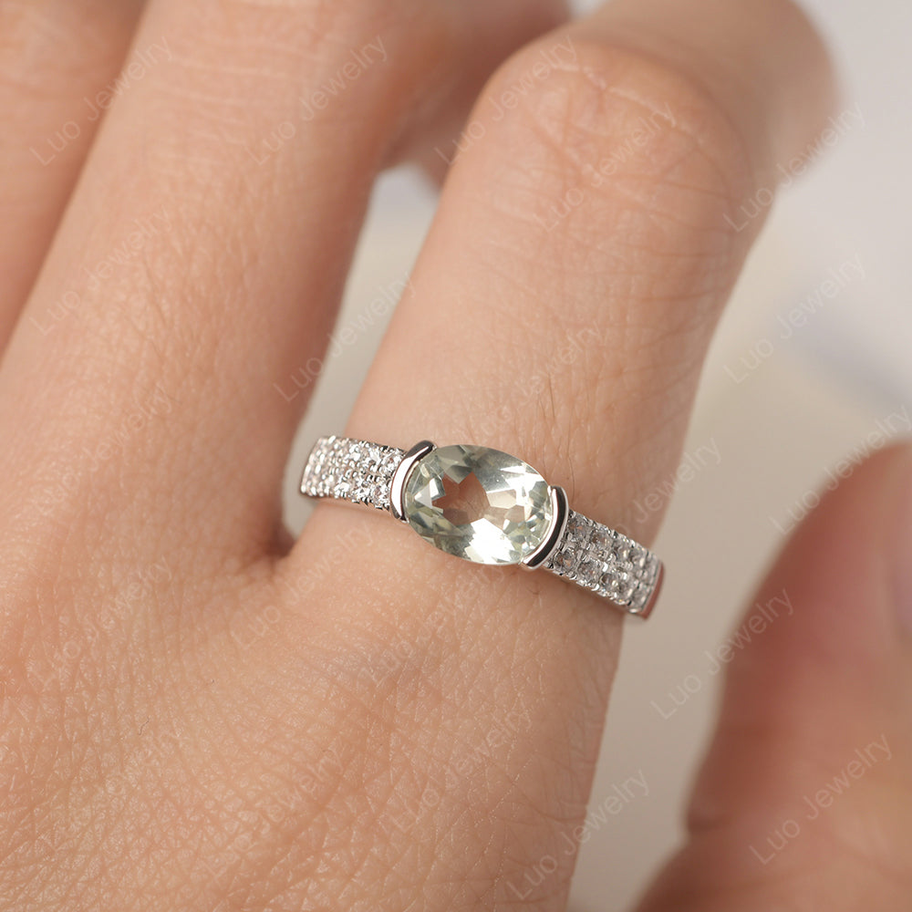 Oval Cut Green Amethyst Ring Double Pave Ring - LUO Jewelry