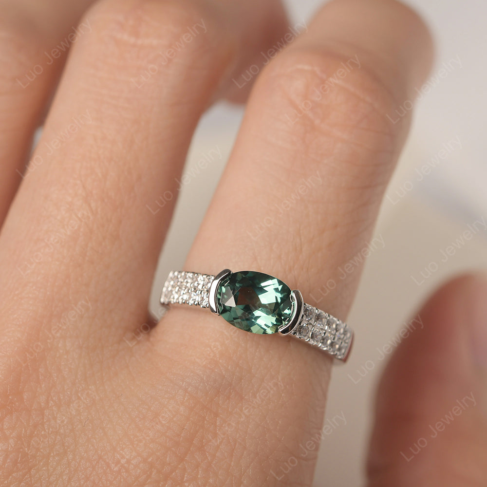 Oval Cut Green Sapphire Ring Double Pave Ring - LUO Jewelry