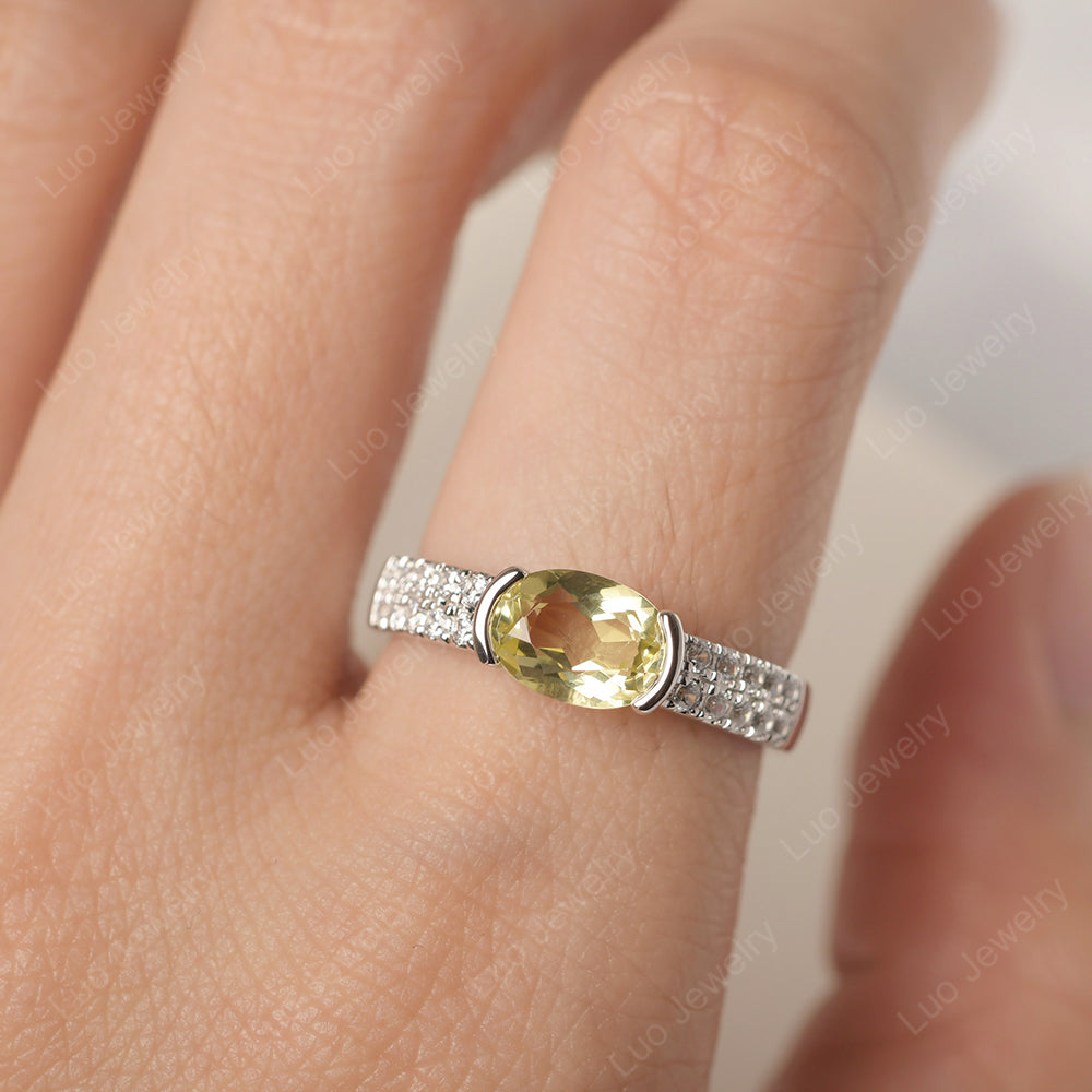 Oval Cut Lemon Quartz Ring Double Pave Ring - LUO Jewelry