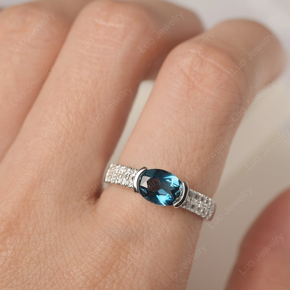 Oval Cut London Blue Topaz Ring Double Pave Ring - LUO Jewelry
