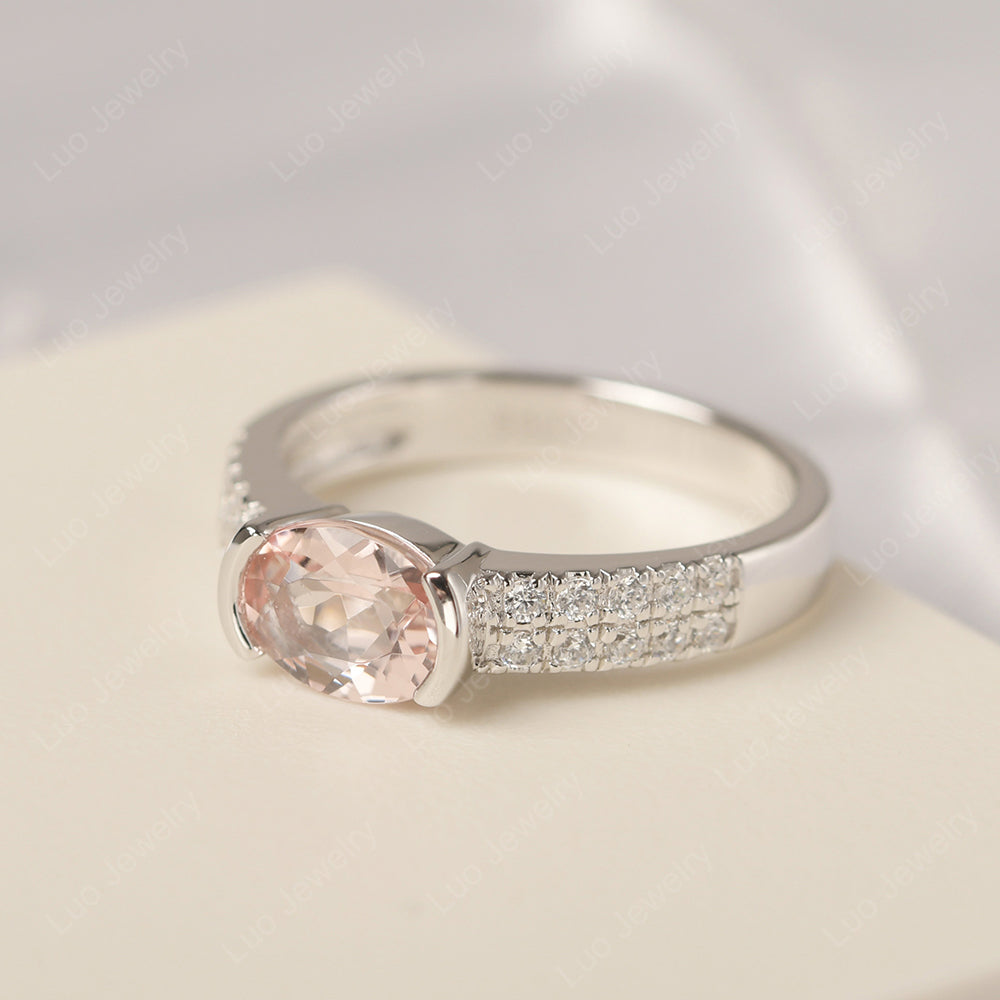 Oval Cut Morganite Ring Double Pave Ring - LUO Jewelry