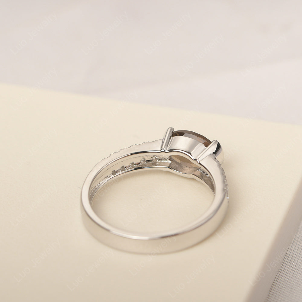 Oval Cut Smoky Quartz Ring Double Pave Ring - LUO Jewelry