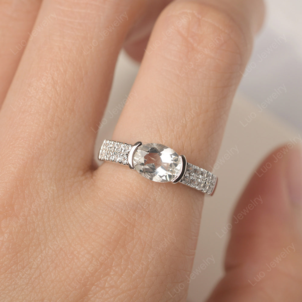 Oval Cut White Topaz Ring Double Pave Ring - LUO Jewelry