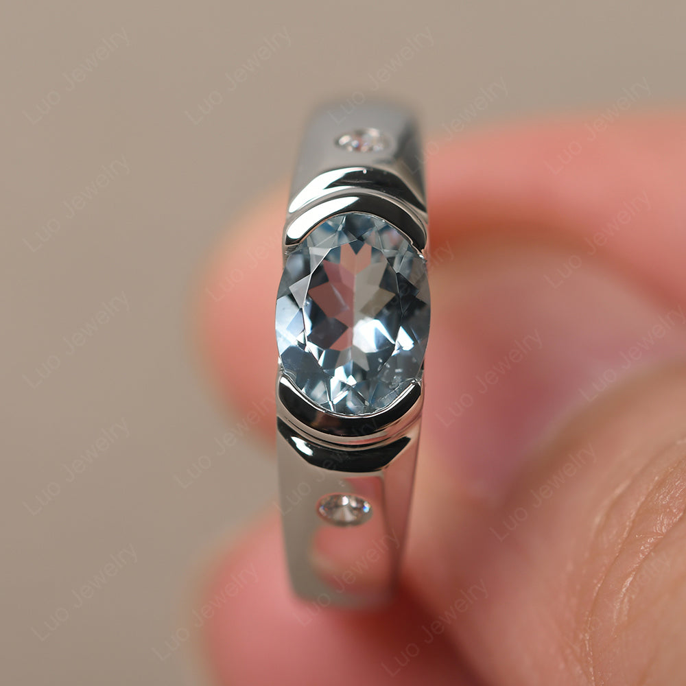 Aquamarine Ring East West Oval Engagement Ring - LUO Jewelry