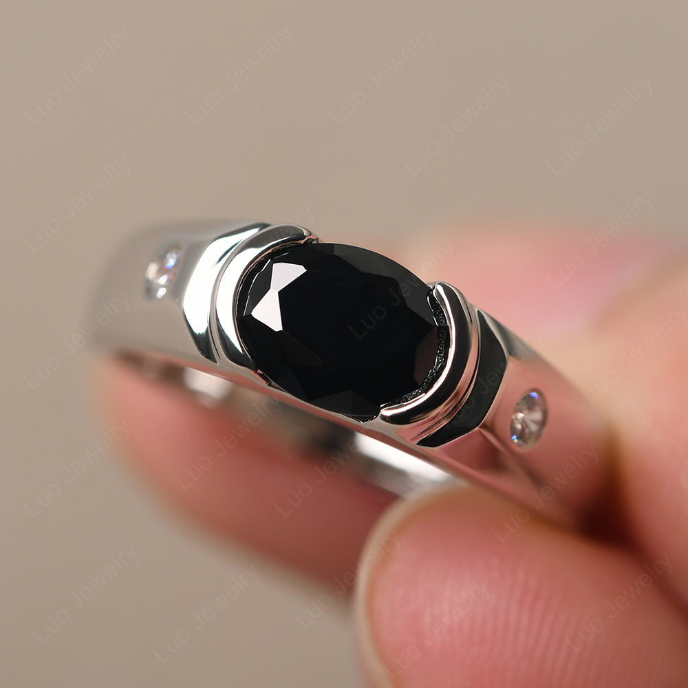 Black Spinel Ring East West Oval Engagement Ring - LUO Jewelry