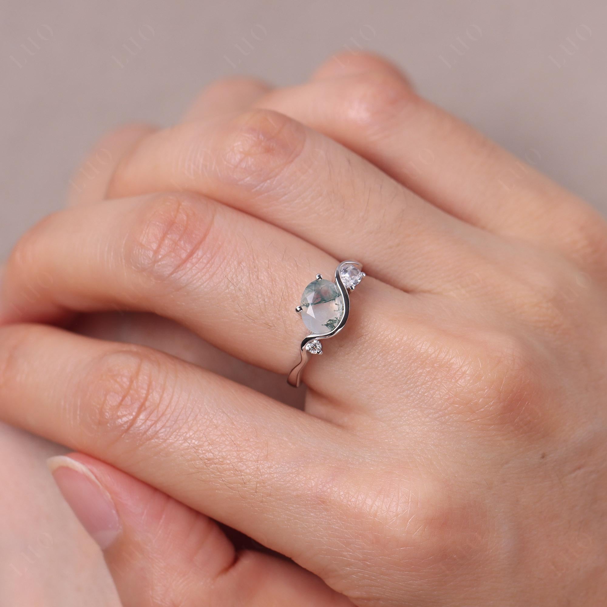Wave Oval Moss Agate Engagement Ring - LUO Jewelry