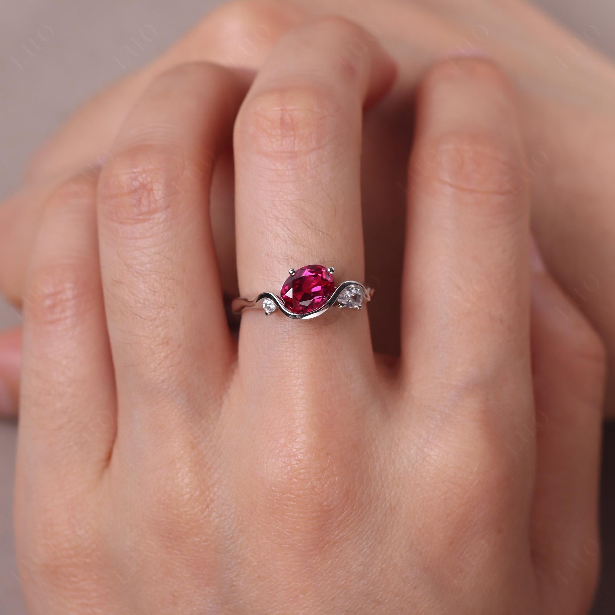 Wave Oval Lab Grown Ruby Engagement Ring - LUO Jewelry