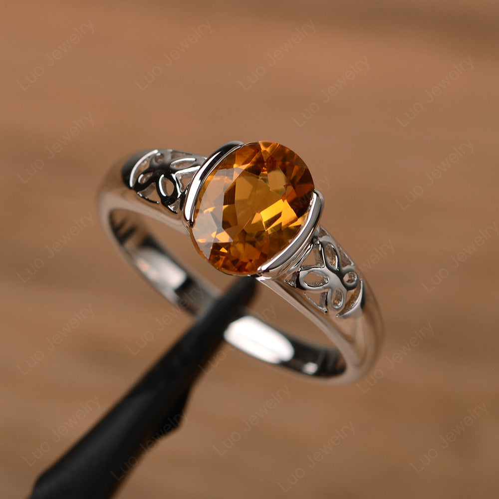 Oval Citrine Bezel Set Engagement Ring Silver - LUO Jewelry