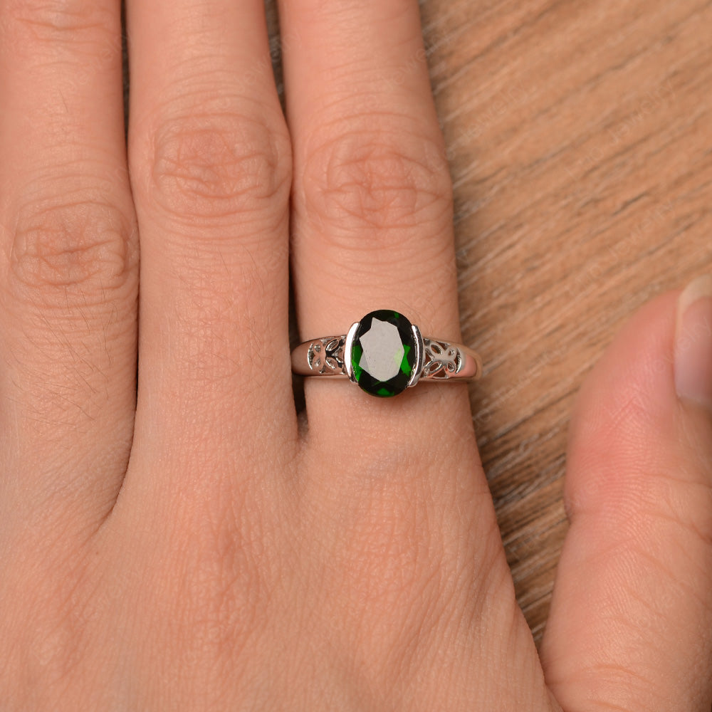 Oval Diopside Bezel Set Engagement Ring Silver - LUO Jewelry