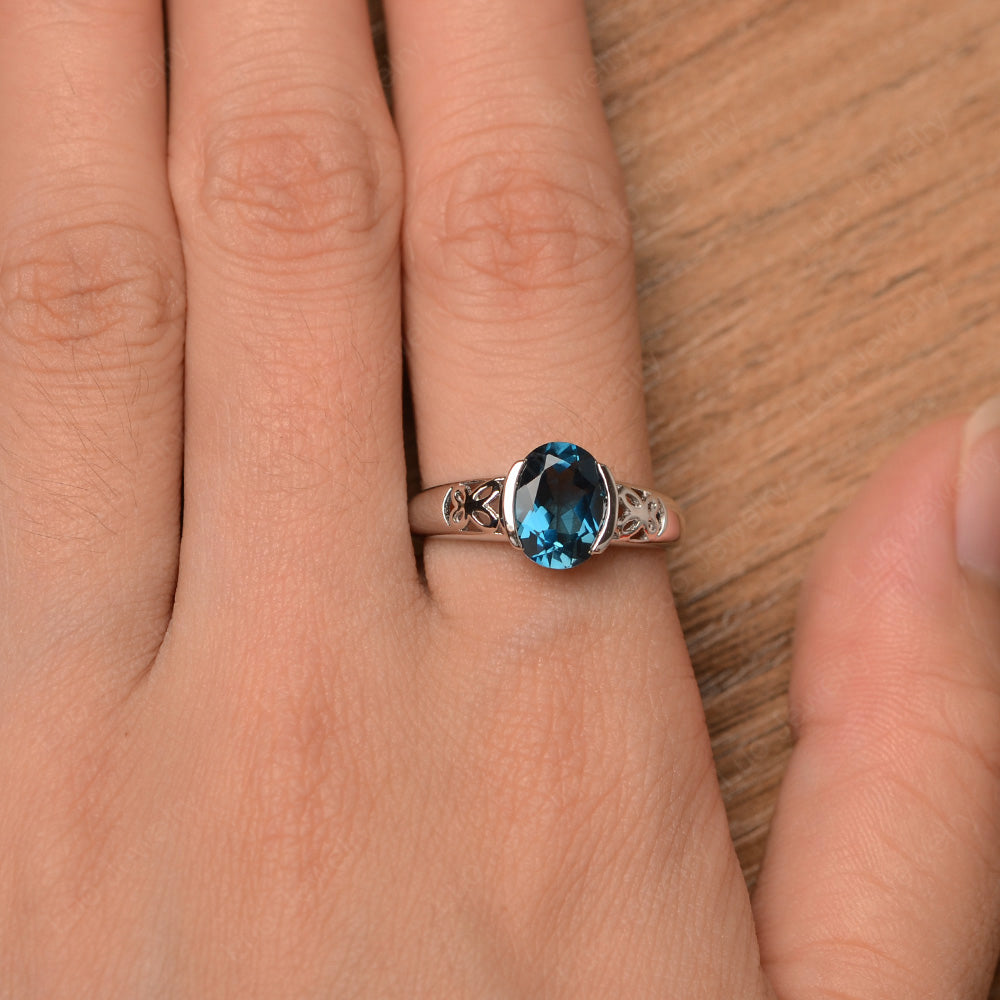 Oval London Blue Topaz Bezel Set Engagement Ring Silver - LUO Jewelry