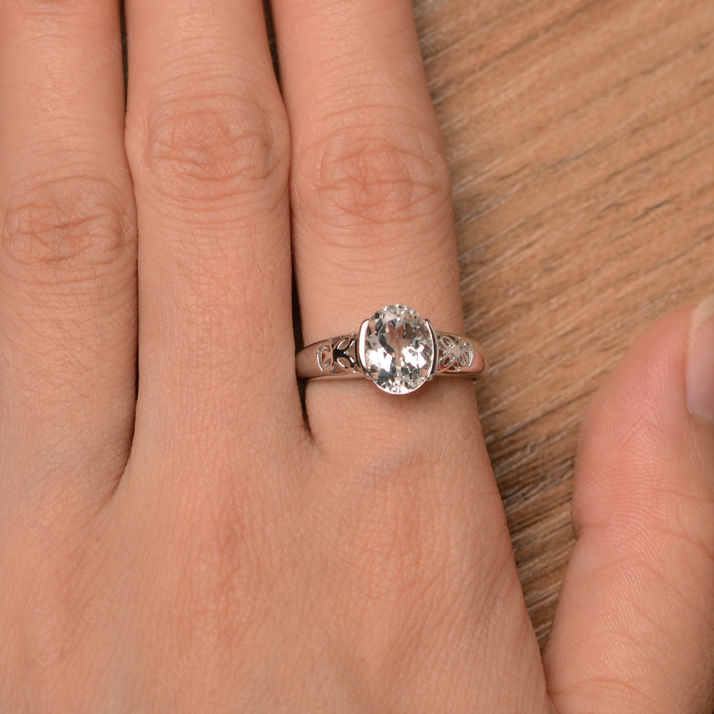 Oval White Topaz Bezel Set Engagement Ring Silver - LUO Jewelry