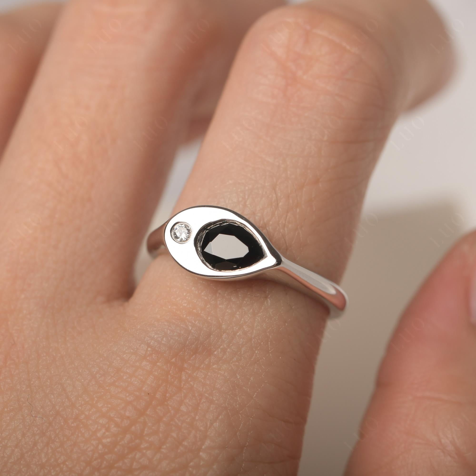 Black Stone East West Pear Engagement Ring - LUO Jewelry