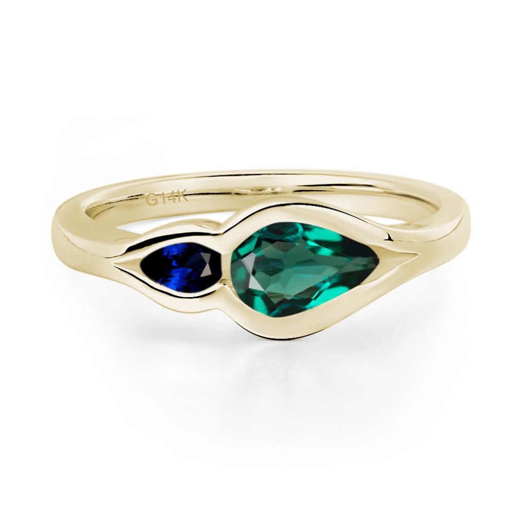 Vintage Lab Emerald and Sapphire Bezel Pear Engagement Ring - LUO Jewelry #metal_14k yellow gold