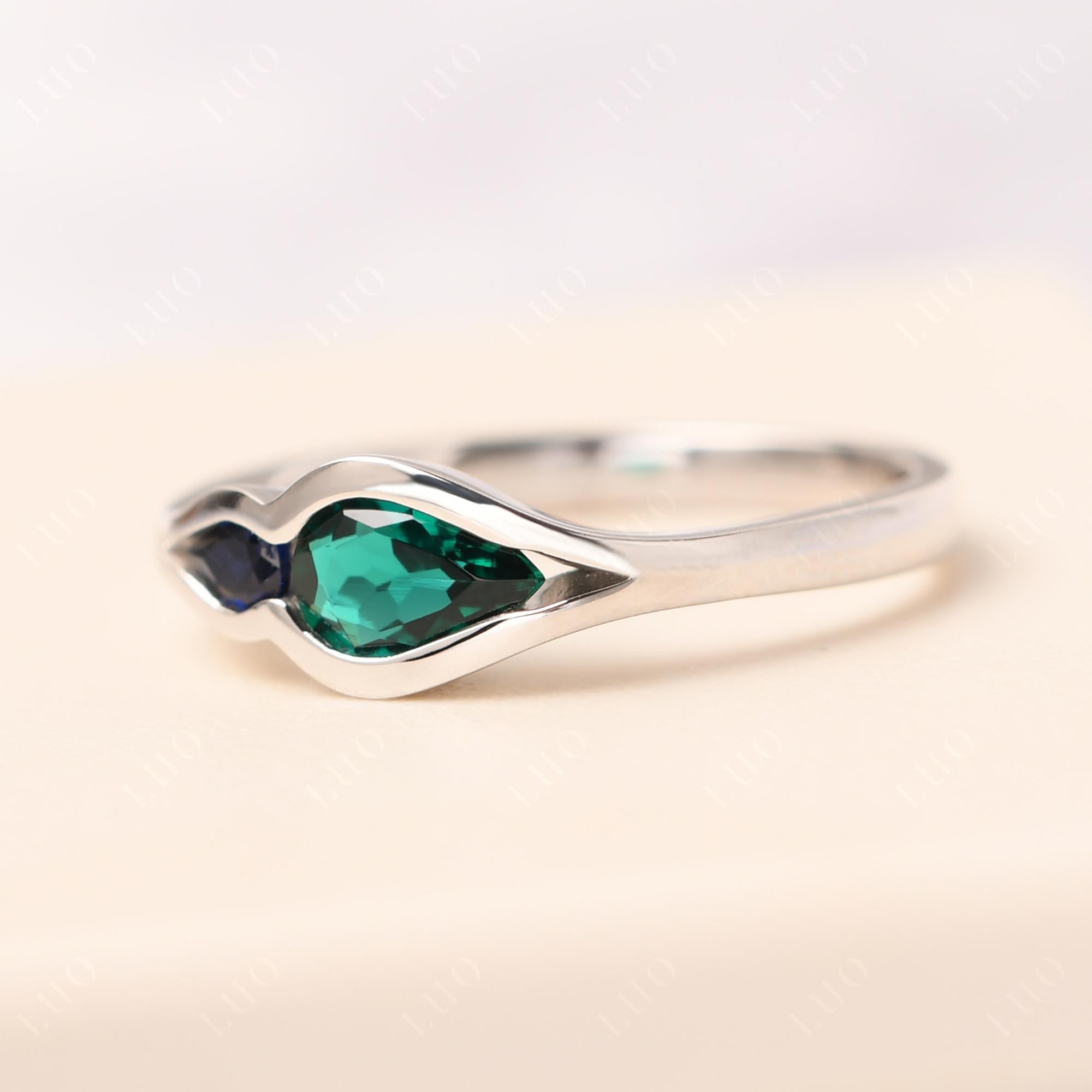 Vintage Lab Emerald and Sapphire Bezel Pear Engagement Ring - LUO Jewelry