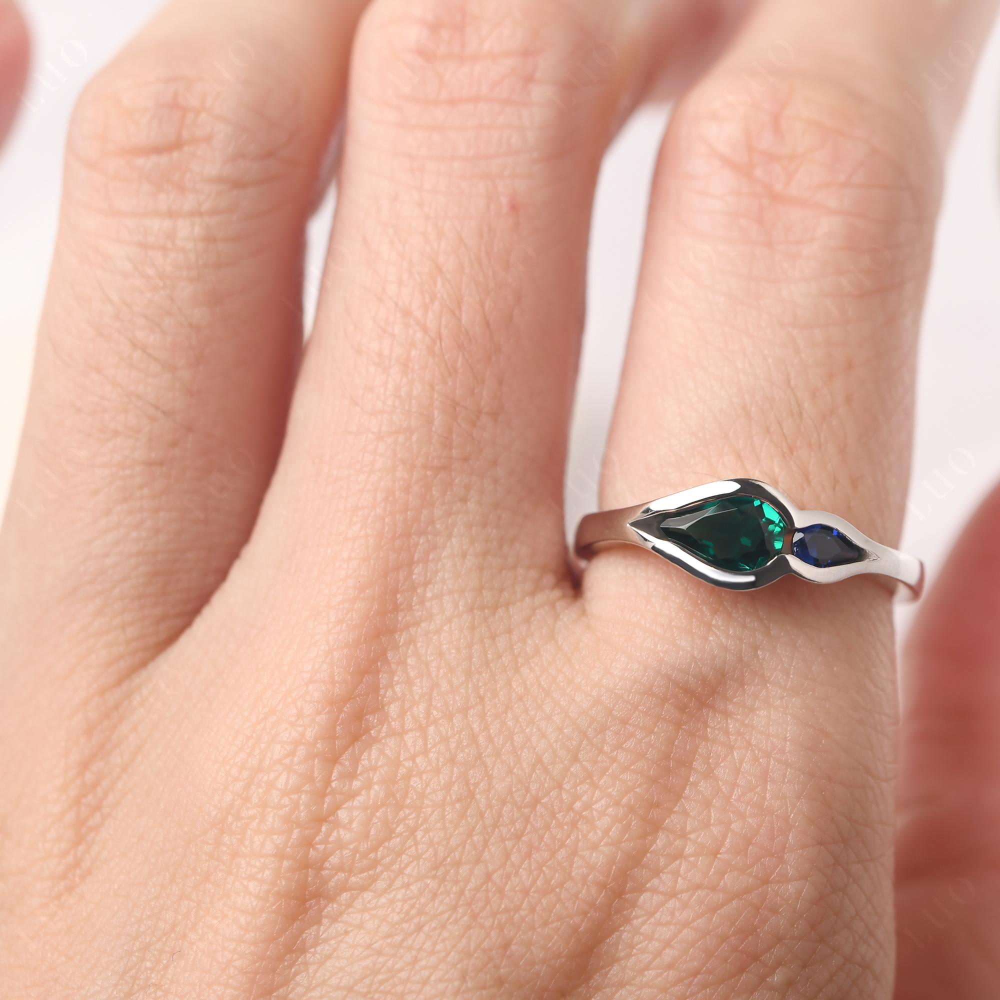 Vintage Lab Emerald and Sapphire Bezel Pear Engagement Ring - LUO Jewelry