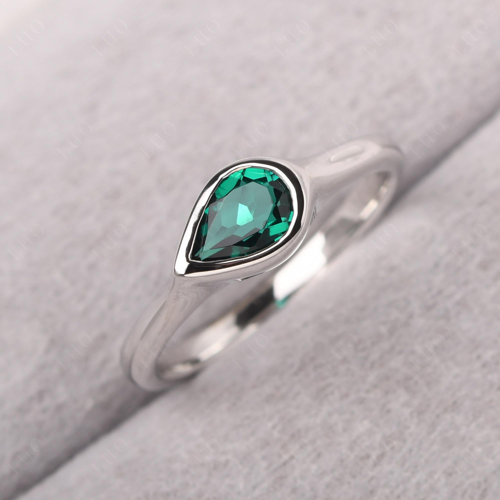 Horizontal Pear Lab Created Emerald Engagement Ring - LUO Jewelry