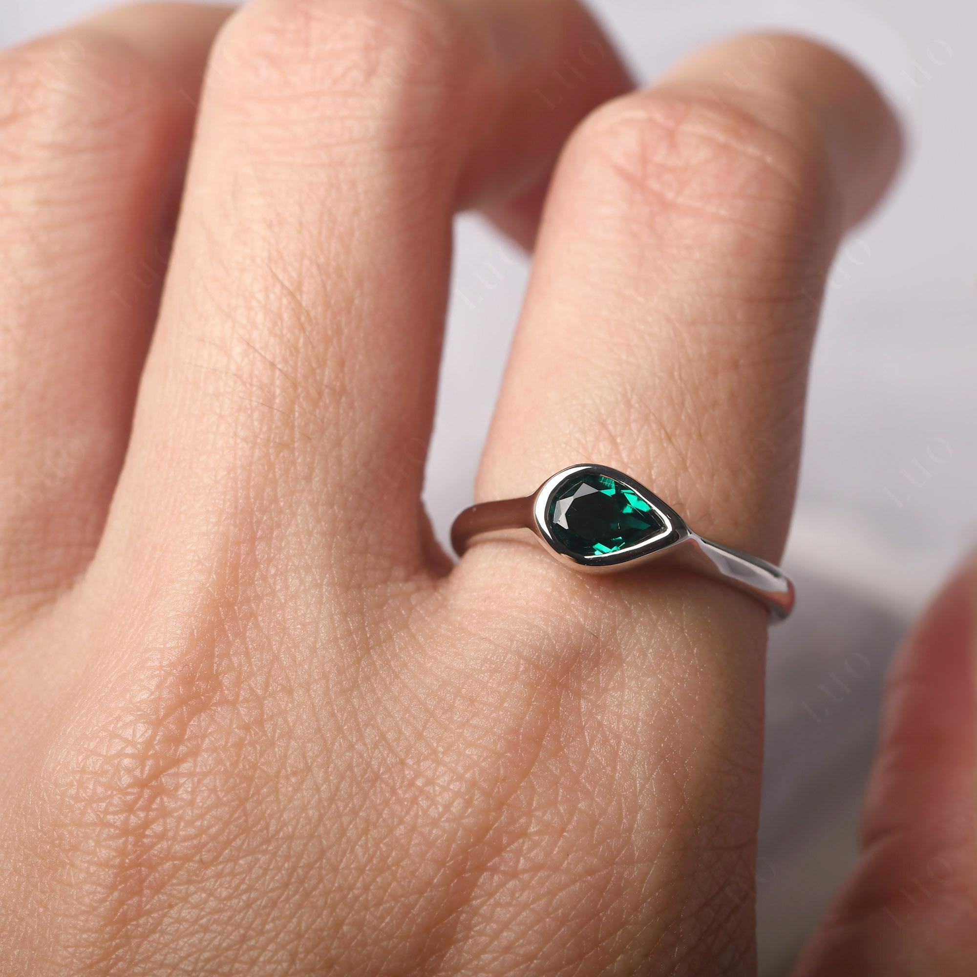 Horizontal Pear Lab Created Emerald Engagement Ring - LUO Jewelry