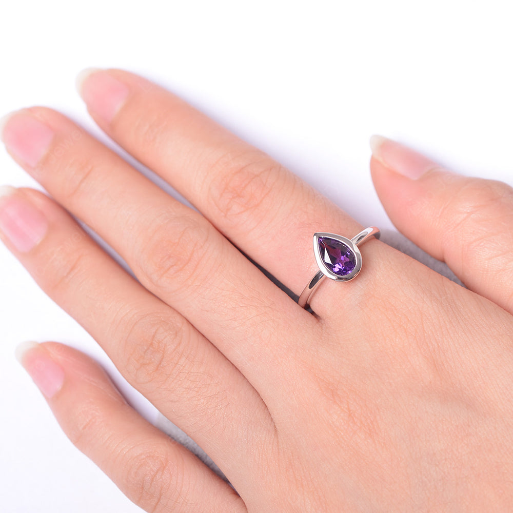 Pear Shaped Amethyst Bezel Set Ring Silver - LUO Jewelry