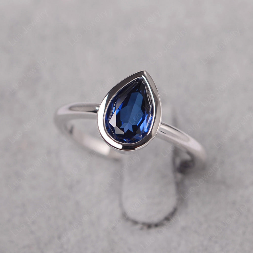 Pear Shaped Lab Sapphire Bezel Set Ring Silver - LUO Jewelry