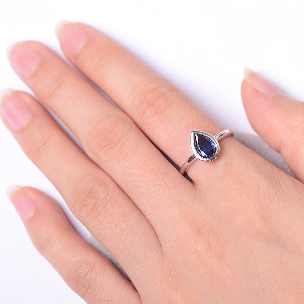 Pear Shaped Lab Sapphire Bezel Set Ring Silver - LUO Jewelry