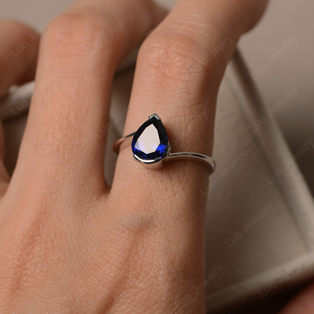 Pear Shaped Lab Sapphire Solitaire Engagement Ring - LUO Jewelry