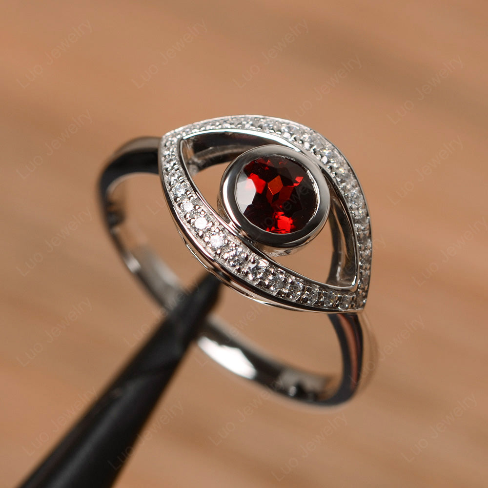 Garnet Evil Ring Bezel Set White Gold - LUO Jewelry