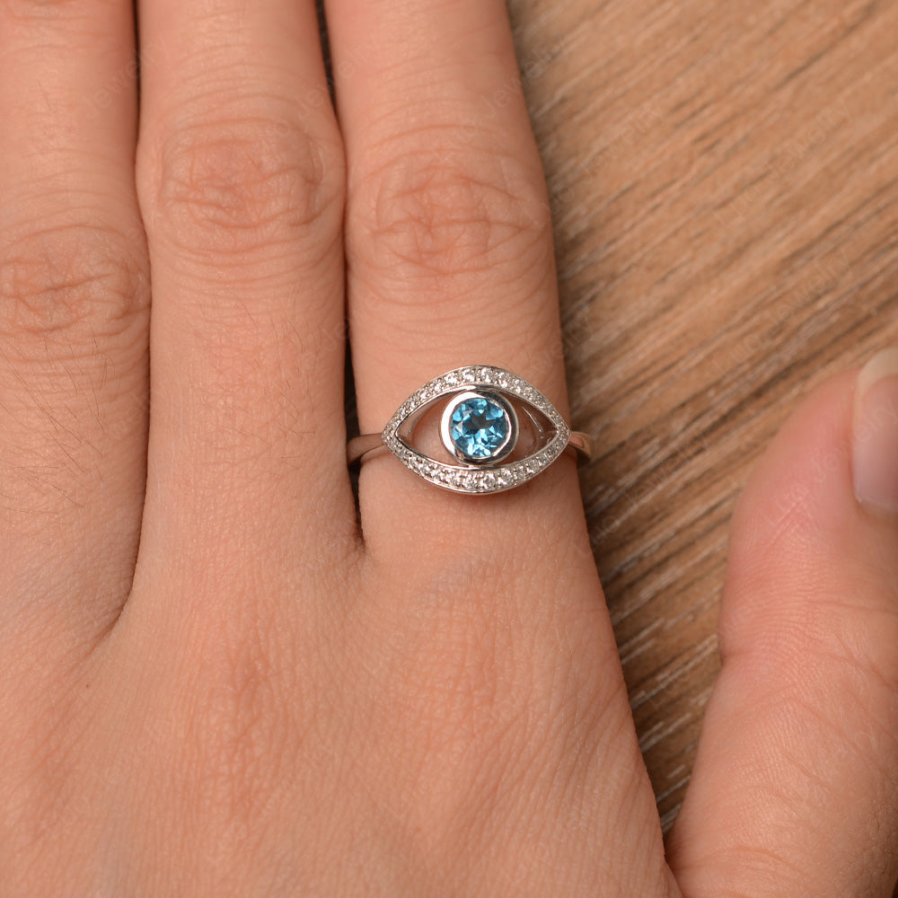 London Blue Topaz Evil Ring Bezel Set White Gold - LUO Jewelry