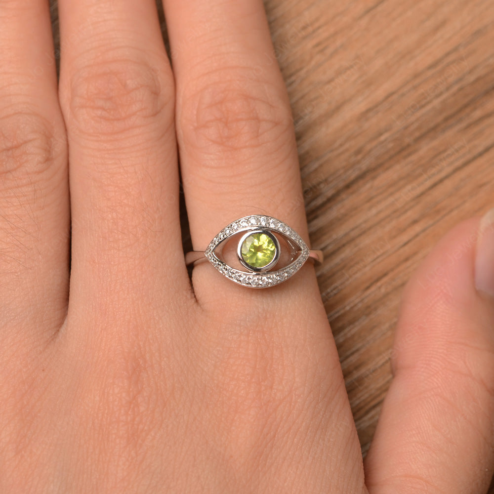 Peridot Evil Ring Bezel Set White Gold - LUO Jewelry