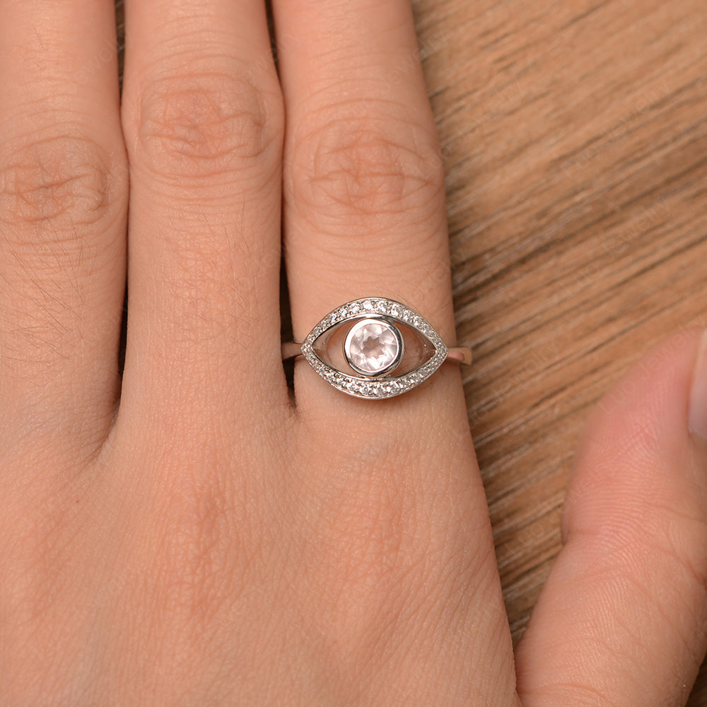 Rose Quartz Evil Ring Bezel Set White Gold - LUO Jewelry