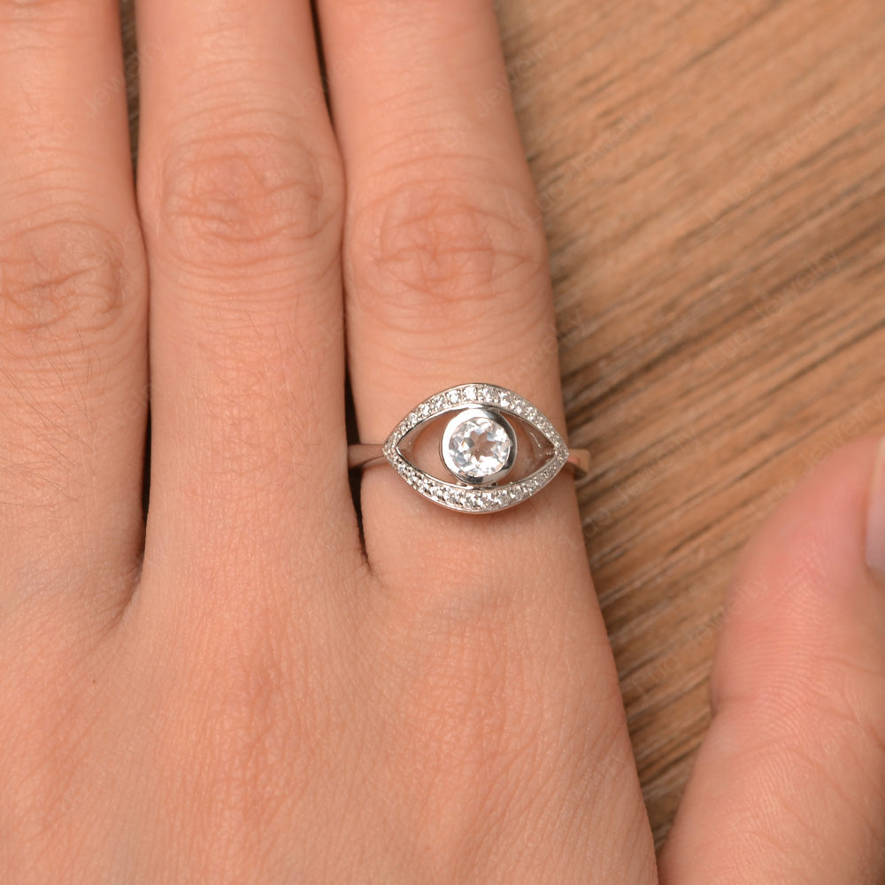 White Topaz Evil Ring Bezel Set White Gold - LUO Jewelry