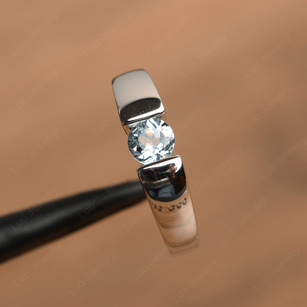 Aquamarine Solitaire Wide Band Ring Yellow Gold - LUO Jewelry